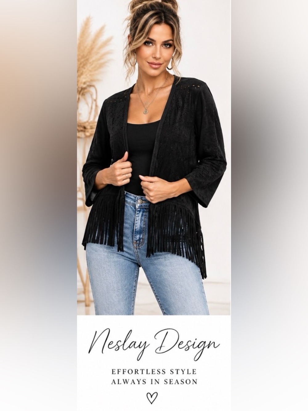Neslay Design Black Faux Suede Laser Cut Fringe Cardigan S/M NWT